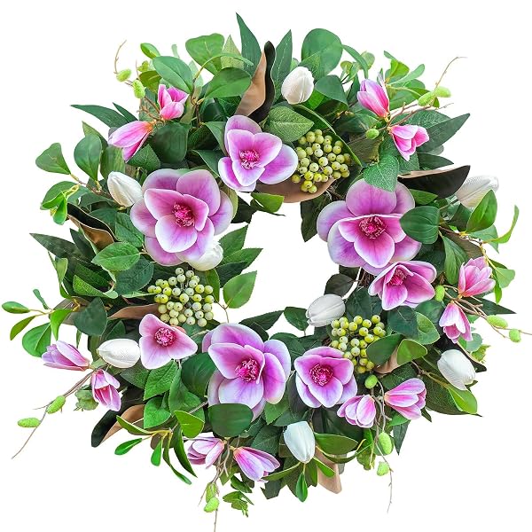 SPRING WREATHS FOR FRONT DOOR OUTSIDE– 24 INCH SPRING DOOR WREATH WITH PINK MAGNOLIA AND ANEMONE FLORAL WREATH WITH GREENERY,COLORFUL WELCOME SUMMER WREATHS FOR FRONT DOOR (GREEN)