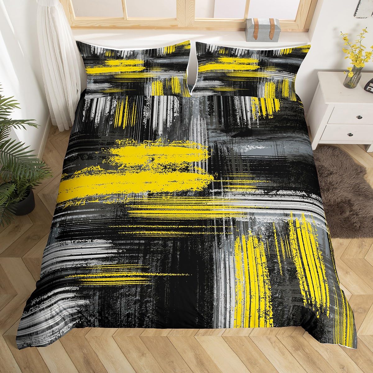 Yellow Black and Grey Duvet Cover Abstract Yellow and Black Comforter Cover Geometric Artistic Smear Bedding Set for Kids Boys Girls Abstract Graffiti Art Bedspread Cover Bedclothes Double — image 1