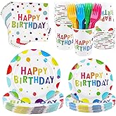 Kochorie 144 Pieces Happy Birthday Print Party Decorations Including Disposable Plates Napkins Cups Forks Tableware Sets Serves 24 for Birthday Party Supplies