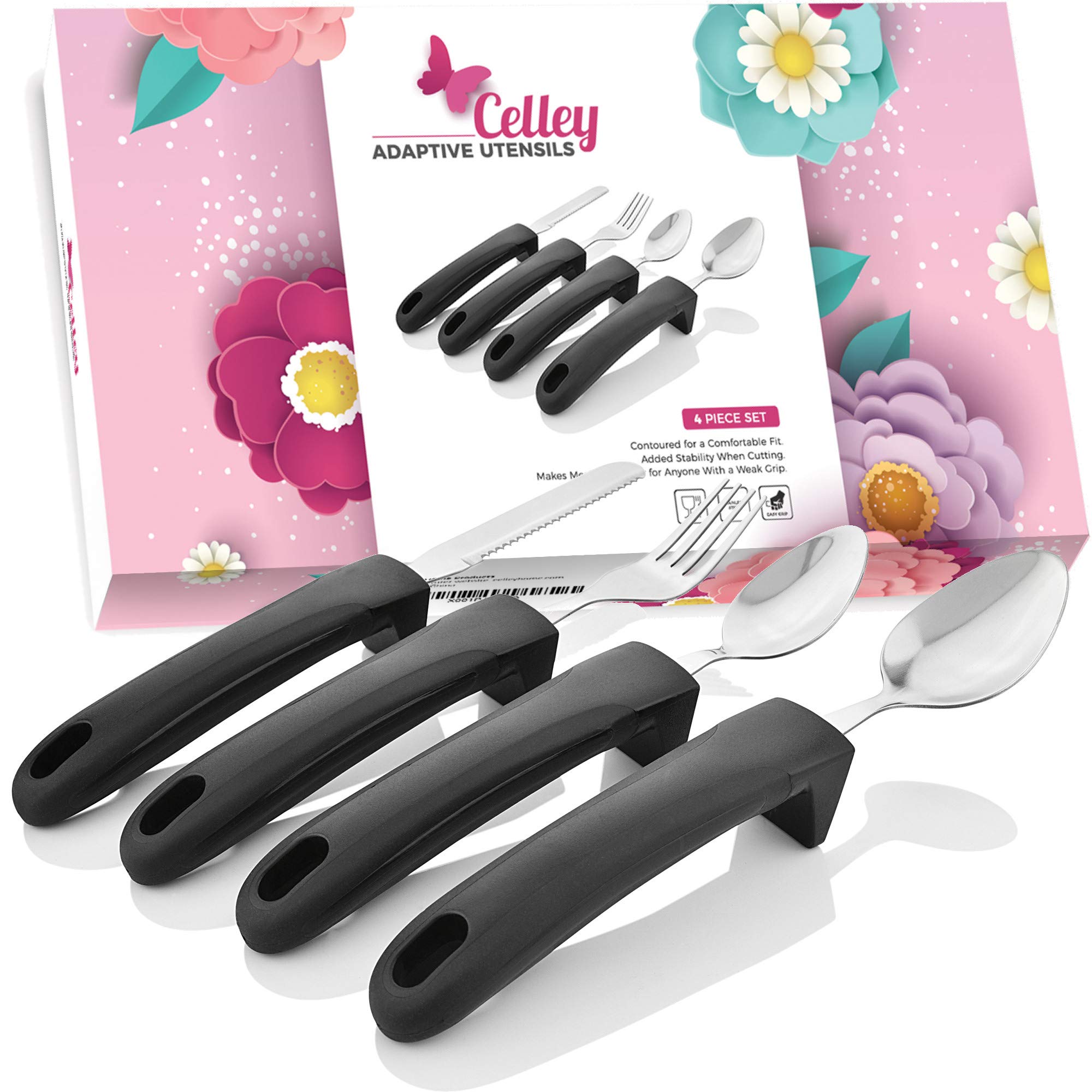 Adaptive Eating Utensils by Celley Elderly, Handicapped | 4pc Easy Grip Silverware Stainless Steel Knife, Fork, 2 Spoons – (Black)