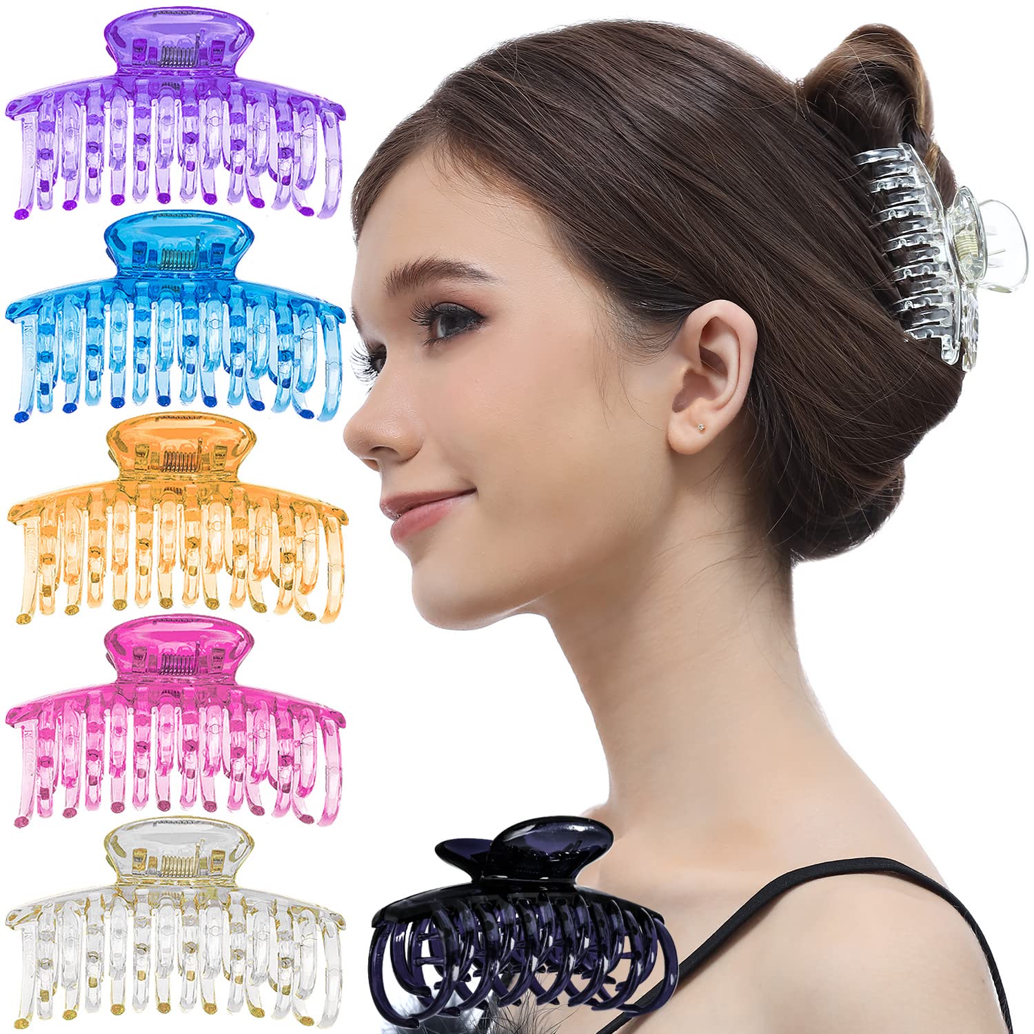 RC ROCHE ORNAMENT 6 Pcs Womens Classic Double Multi Layer Fine Teeth Claws Jaw Interlocking Strong Hold No Slip Firm Grip Hair Clutcher Clamp Beauty Fashion Accessory, Medium Transparent Multicolor