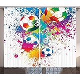 Ambesonne Soccer Curtains, Colored Splashes All Over Soccer Balls Score World Cup Championship Athletic, Living Room Bedroom 