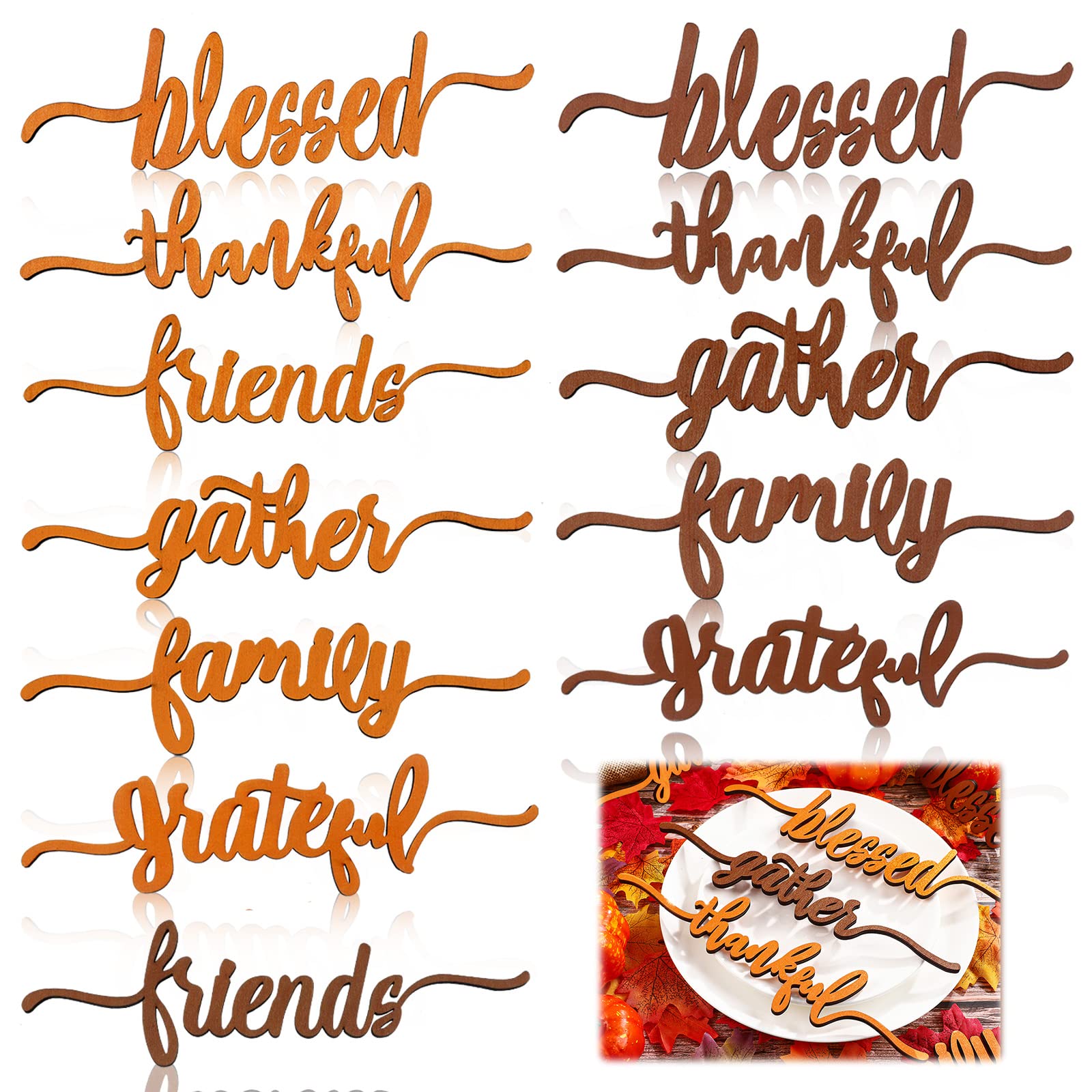 Photo 1 of 12 Pieces Thanksgiving Wood Cutout Sign Rustic Wood Plate Cutout Place Cards Thankful Blessed Grateful Gather Family Table Decor for Fall Themed Thanksgiving Party Home Table Decoration, 6 Styles