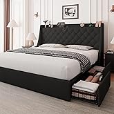 Feonase Upholstered Queen Size Bed Frame with 4 Storage Drawers, Storage Bed with Charging Station, Large Wingback Headboard, No Box Spring Needed, Black