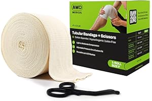AWD MEDICAL Elasticated Tubular Support Bandage - Reusable Compression Wrap for Joint Pain Relief - Stockinette Tubing for Large Knees/Medium Thigh - Off-White (Size F - 4 inches x 11 Yards) + Scissors