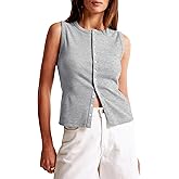 Cioatin Women Ribbed Button Down Tank Tops Sleeveless Crew Neck Slim Fit Open Front Crop Vest Going Out Y2K Clothes