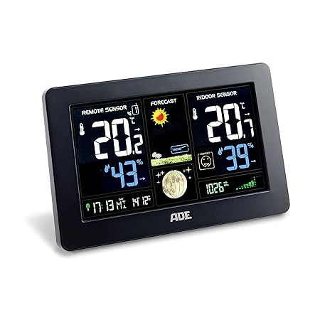 ADE Wetterstation WS 1704 mit Funk und Außensensor. Digitale Profi Funkwetterstation für präzise Vorhersage, Anzeige Innen- u