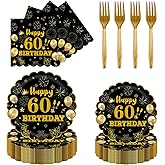 EVYIENEN 96Pcs 60th Birthday Party Tableware Set,Back in 1965 Birthday Party Decorations Supplies, Disposable Black and Gold 60th Birthdays Paper Plates Napkins Forks Favors for Men Women, Serve 24