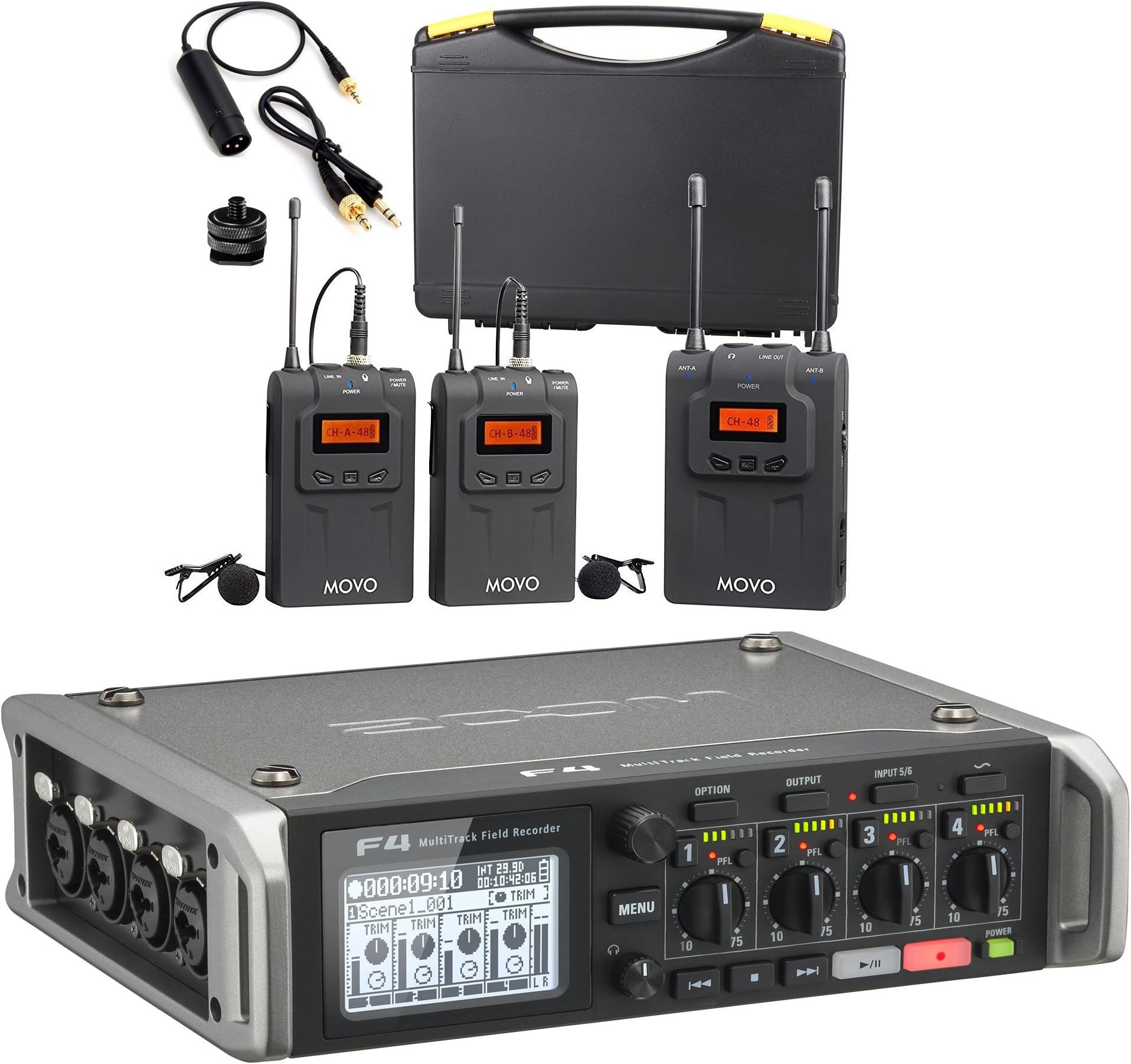 Zoom F4 Multitrack Field Recorder Bundle with Movo UHF Dual Wireless Lavalier Microphone System for 2 Speakers