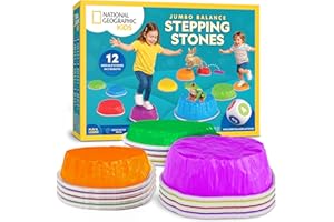 BLUE MARBLE National Geographic Kids Jumbo Balance Stepping Stones – 12 Non-Slip Stepping Stones in 3 Heights with Foam Dice & Play & Learn Cards, Indoor & Outdoor Obstacle Course for Kids Ages 3+