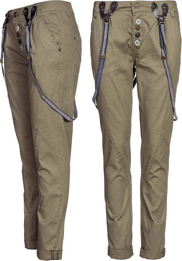 Eight2Nine Damen Chino Hose TIEFER SCHRITT mit Hosenträger by Sublevel military khaki Amazon