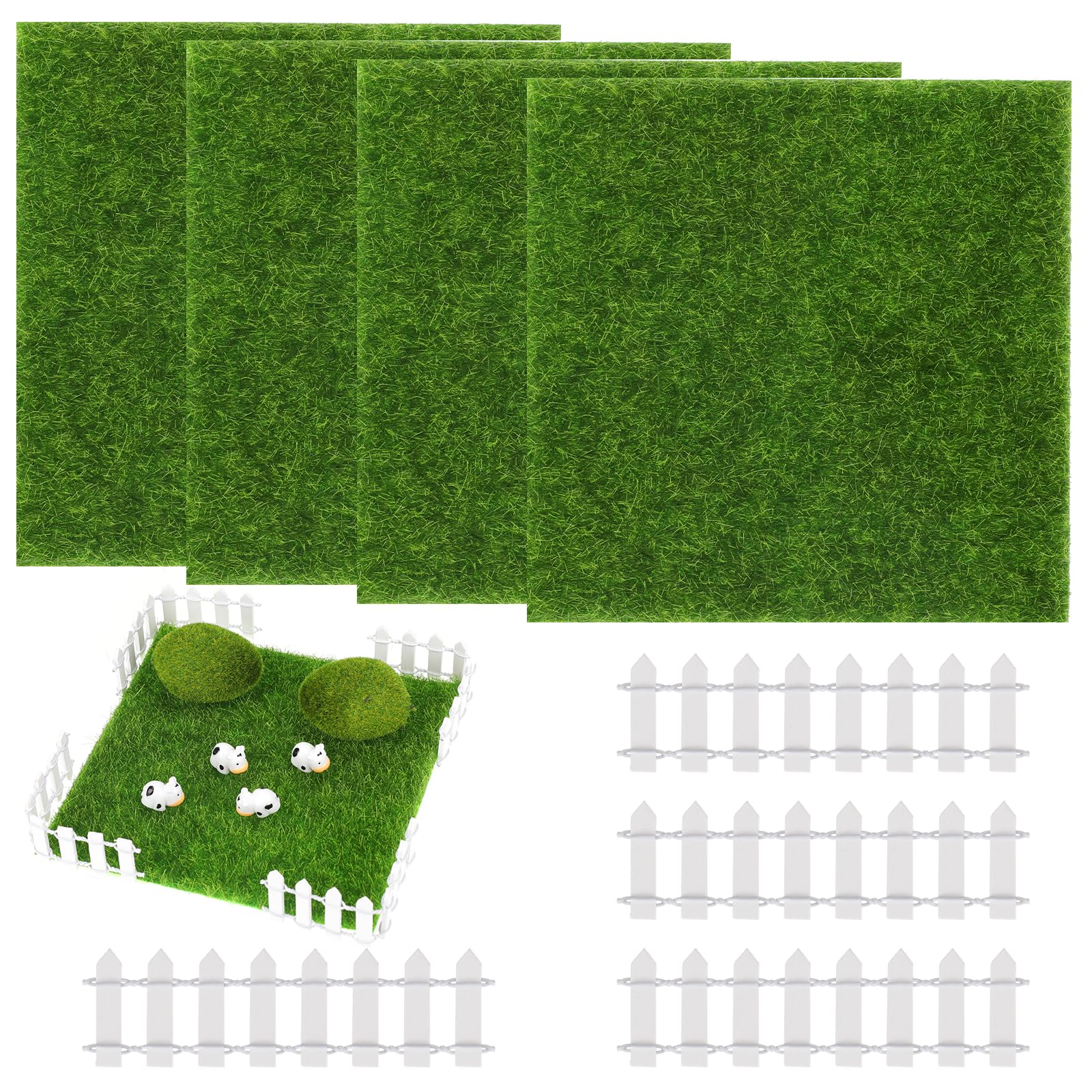 Mozeat Lens 4 Pcs Grass Lawn Artificial Grass Mat with 4 Pcs Garden Fence 15x15 cm Artificial Lawn Life-Like Fairy Miniature Garden Decoration For Micro Landscape Terrace
