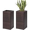 SUNNYPARK 2 Pack Tall Planters for Outdoor Plants Rattan Modern Tall Square Planter Box with Removable Liners Indoor Outdoor Porch Patio Flower Pot (12’’ x 12’’ x 24’’)