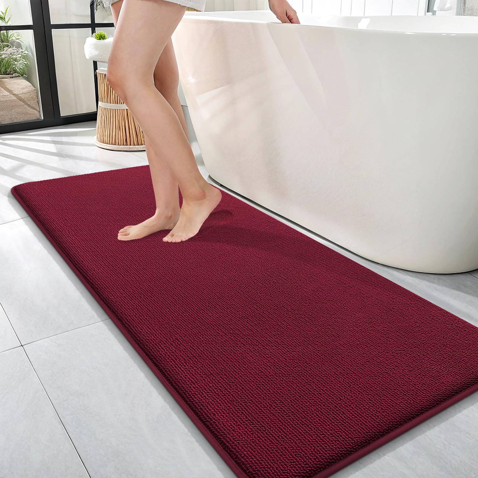 OLANLY Thick Memory Foam Bath Mat Rug 47x17, Extra Soft Absorbent Bathroom Rug, Quick Dry Bath Mats, Non-Slip, Machine Washable Carpet for Bathroom, Tub and Shower, Home Decor Accessories, Burgundy Image