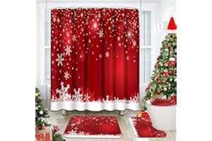 ArtSocket 4 Pcs Shower Curtain Set Christmas Snowflake Red Winter Xmas with Non-Slip Rugs Toilet Lid Cover and Bath Mat Bathroom Decor Set 72" x 72"