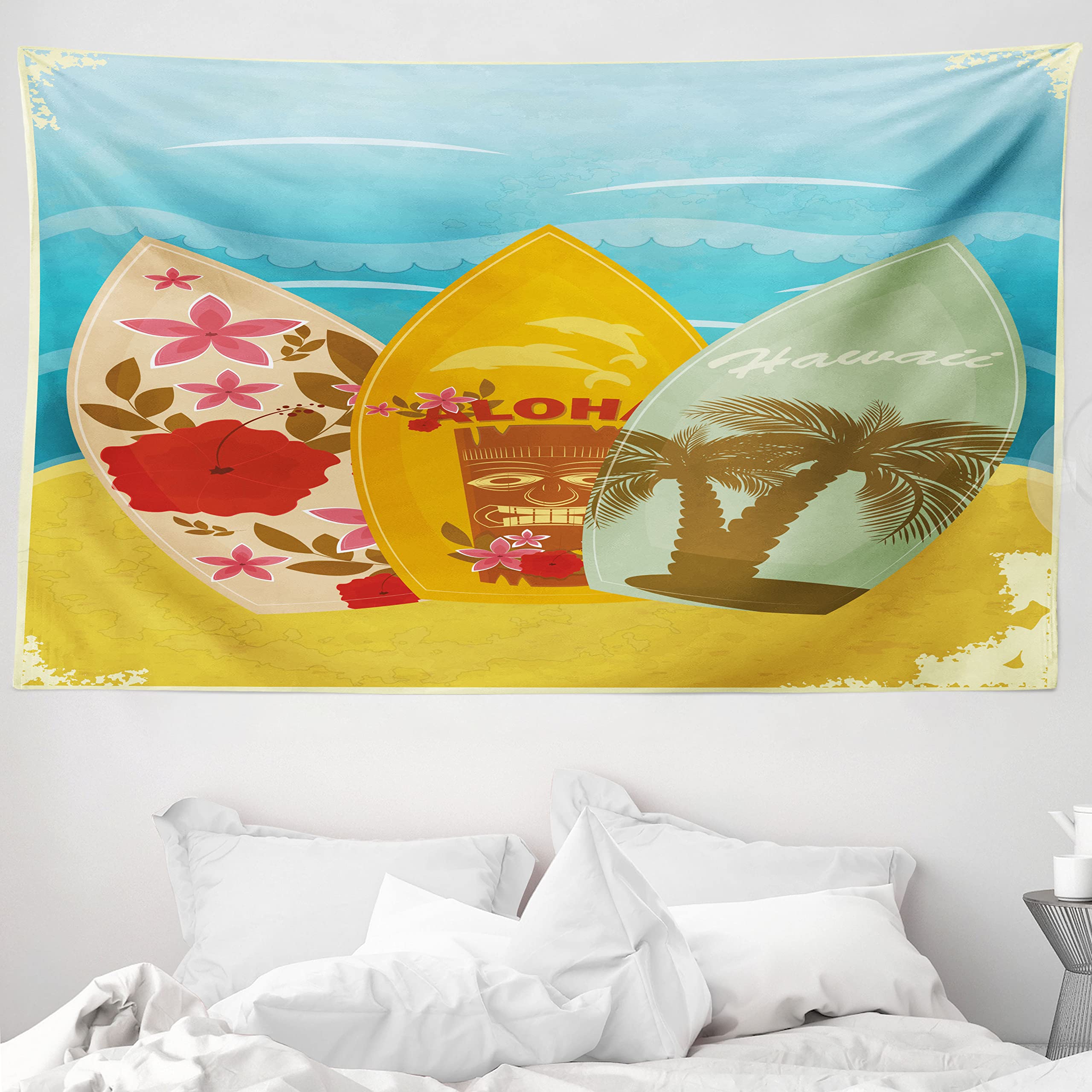 ABAKUHAUS Tiki Bar Tapestry, Hawaiian Beach Surfboards on the Sand Exotic Summer Vacation Sport Vintage Style, Fabric Wall Hanging Decor for Bedroom Living Room Dorm, 90 W X 54 L, Mustard Blue