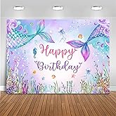 Mocsicka 7x5ft Mermaid Birthday Backdrop Under The Sea Birthday Party Decoration for Girl Blue Purple Mermaid Tails Photography Background (7x5ft(82x60 inch))
