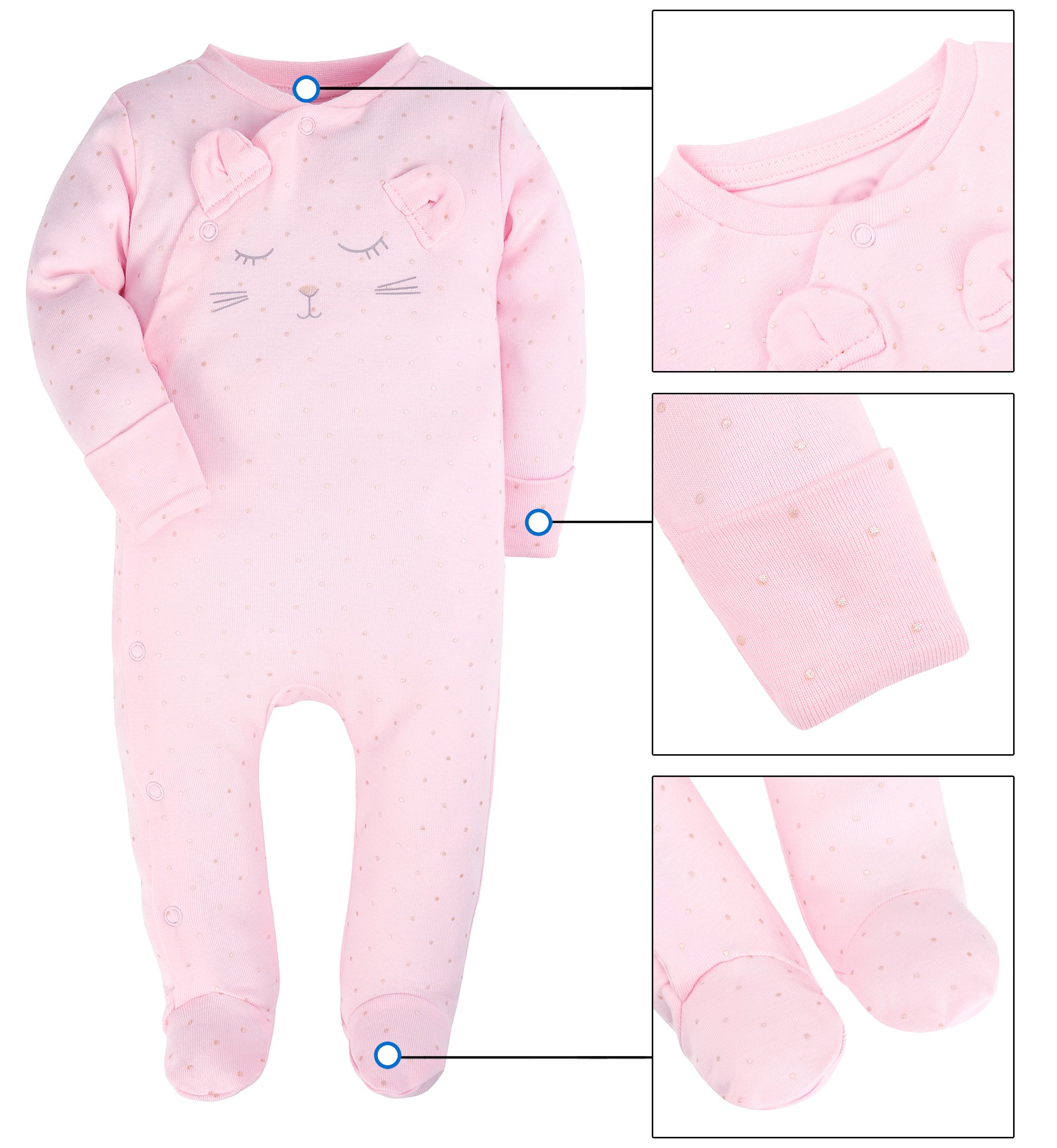 ShengHai Baby Girl Cute 2 Pack Pajamas Baby Pink Cat Printing Footed Sleeper Long Sleeve Cotton Romper With Mitten Cuffs 6-9 Months