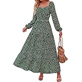 BTFBM Long Sleeve Dress for Women 2026 Spring Fall Boho Floral Square Neck Casual Flowy Long Wedding Guest Maxi Dresses