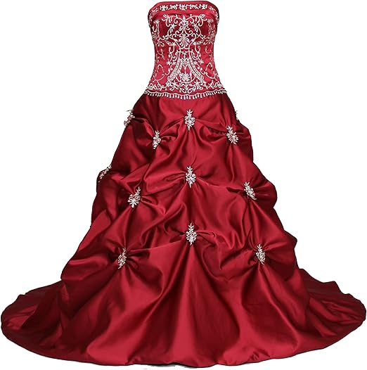 red strapless gown