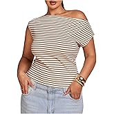 WDIRARA Women's Plus Size Striped Off The Shoulder T Shirts Asymmetrical Knit Tops