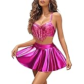 Avidlove Rave Outfits for Women Sequin Fringe Outfits Cosplay Lingerie 3pack Costume Set with Metallic Skirt