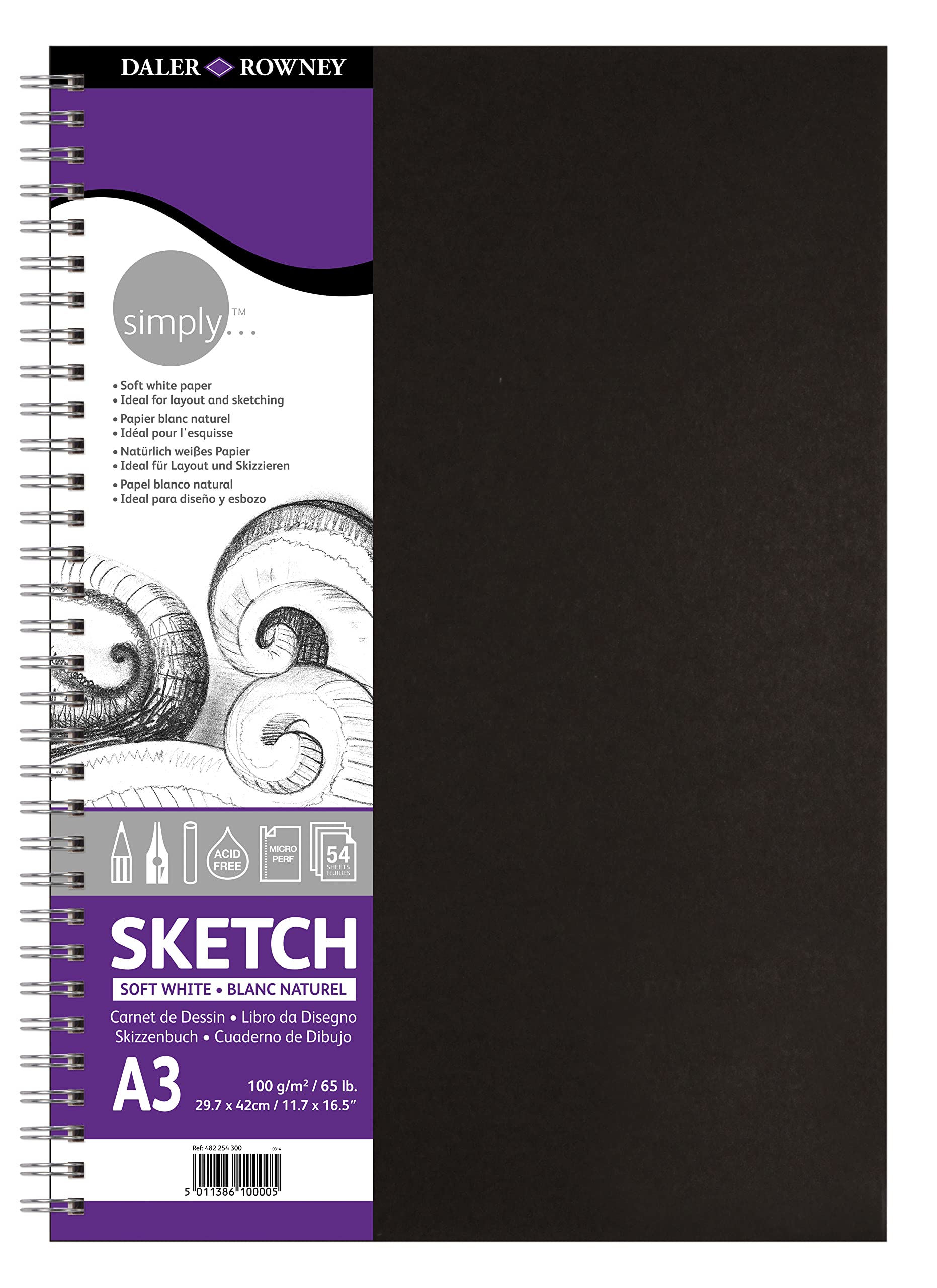 Daler-Rowney Simply Sketchbook, Medium Grain, 100 gsm, 65lb, Spiral Bound, Hardback, A3 - approx. 11.7 x 16.5in - 29.7 x 42 cm, Soft White, 54 Sheets