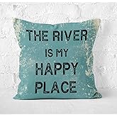 DECOPOW Vintage Style River House Decorative Throw Pillow Cover,The River is My Happy Place Square 18X18 Inches (River is Happy Place)