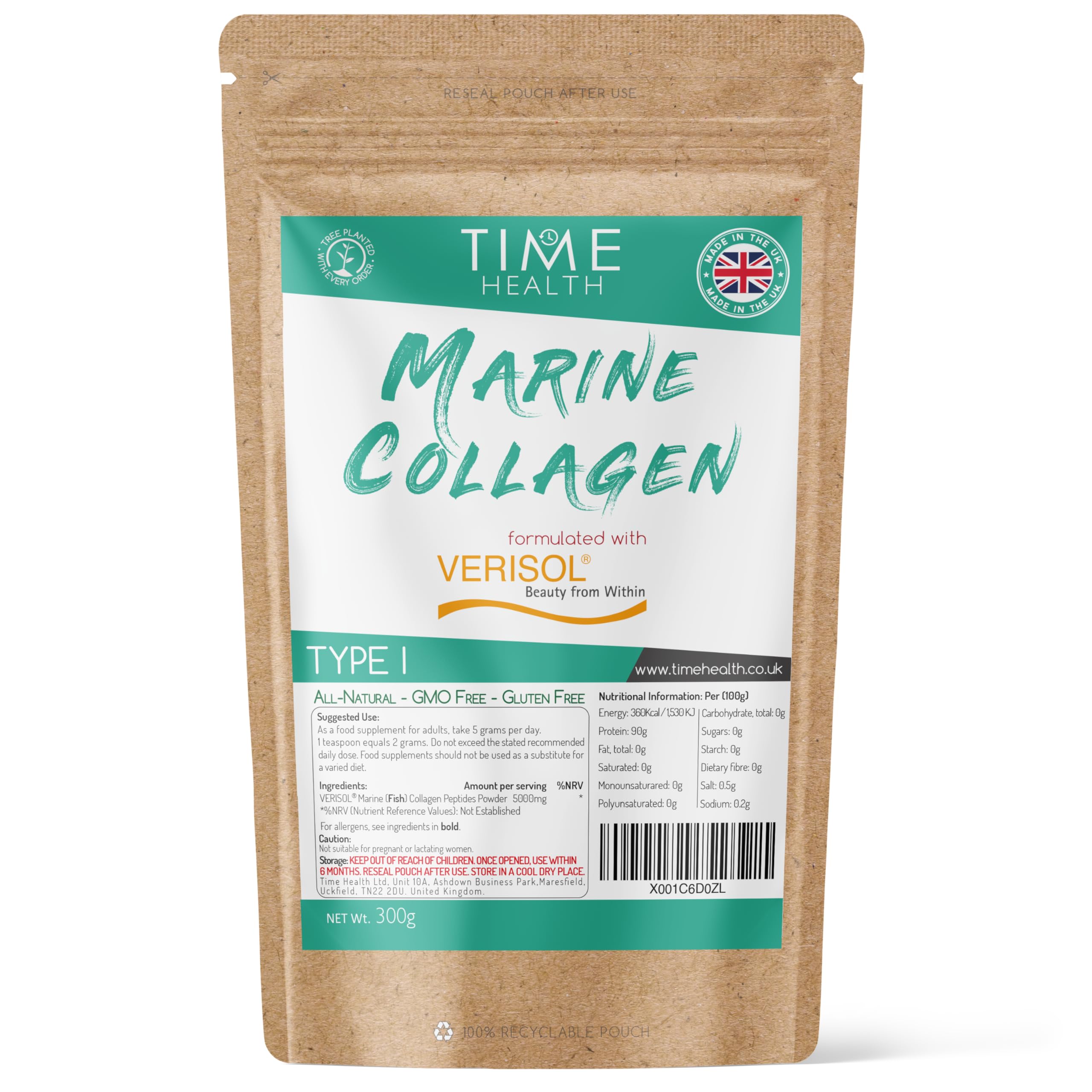 VERISOL® Marine Collagen Peptides Powder - 300g - Type I - High in Protein - Clinically Studied - for Skin, Hair, Nails, Joints, Bones - Hydrolyzed