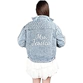 BUGMKCS Custom Embroidered Bride Jean Jacket, Pearl Jean Jacket for Women with Name，Oversized Personalized Cropped Denim for Wedding, Bachelor party, Bridal Shower/Trip，Honeymoon, Vacation