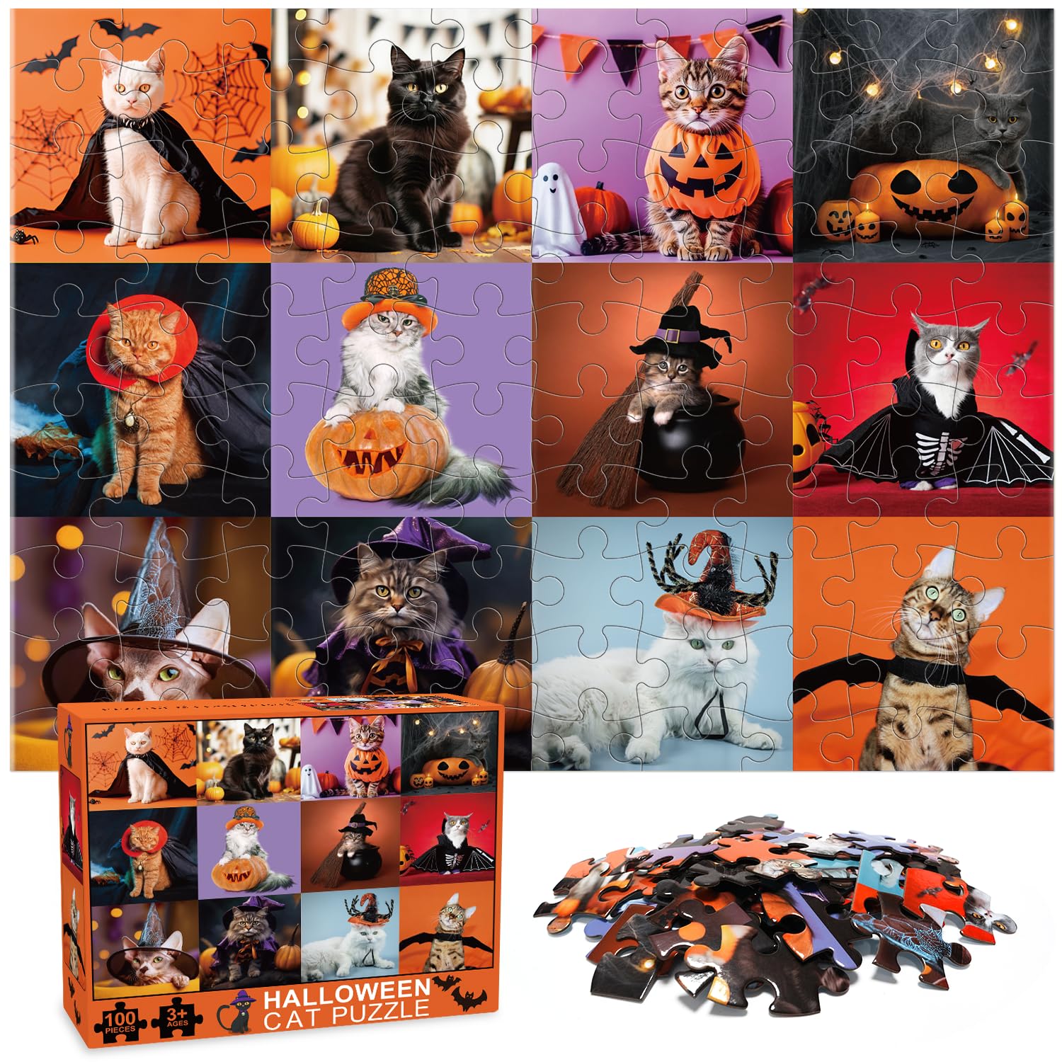 Photo 1 of 100 Piece Cat Halloween Puzzle for Kids Ages 4-8, Educational Jigsaw Puzzles Puzzle Games Halloween Basket Stuffers for Girls and Boys