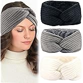 Tihebax 3Pcs Ear Warmer Winter Headbands for Women, Thermal-Lined Fleece Knit Winter Headbands Thick & Wide Cold Weather Headbands for Women Cozy Fleece-Lined Winter Crochet Head Bands