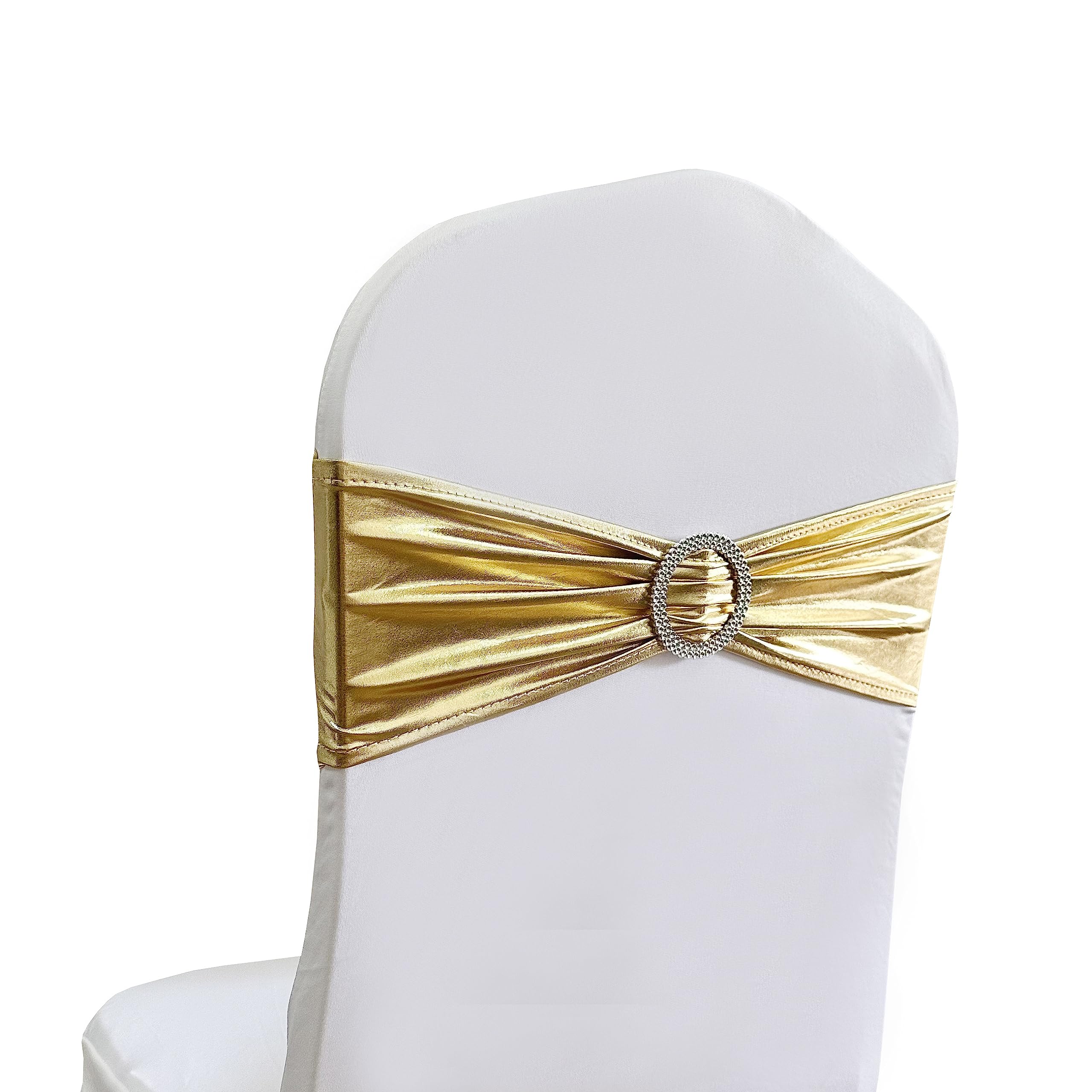 iEventStar Stretch Chair Bow Gold Bows with Buckle Slider Autum Wedding Party Chairs Decorations Chair Sashes Fall Decor (metallic gold, 10) — image 1