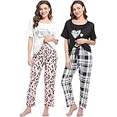 Ceexolliss 2 Pack Women's Pajama Sets Short Sleeve Tee Pants Pjs Plaid Leopard Lounge wear