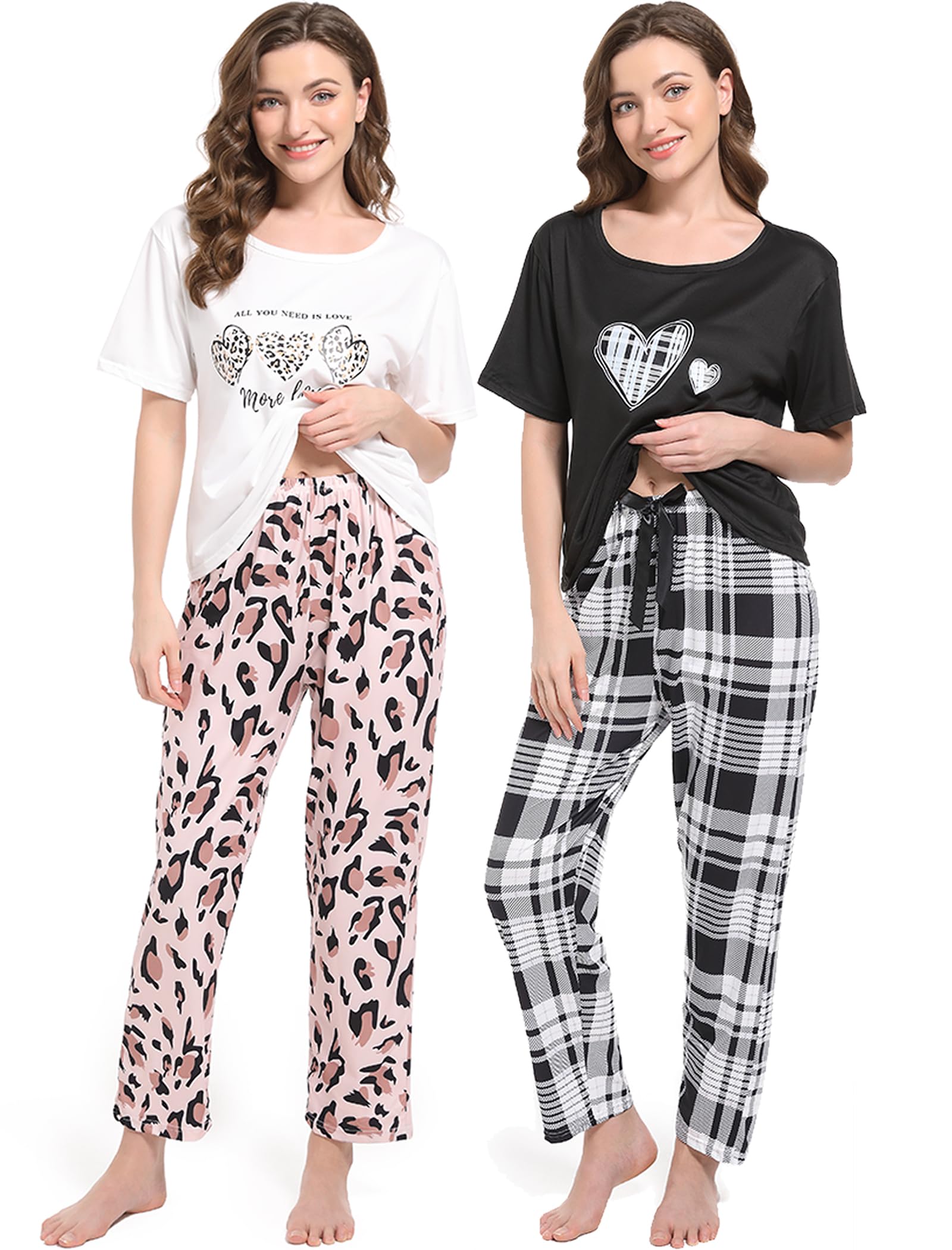 Photo 1 of Ceexolliss Women's Pajama Sets Short Sleeve Tops Tee Long Pants Pjs Plaid Leopard Loungewear Sleep Wear 2 Pack for Ladies Teen Girls Pijamas de Mujer