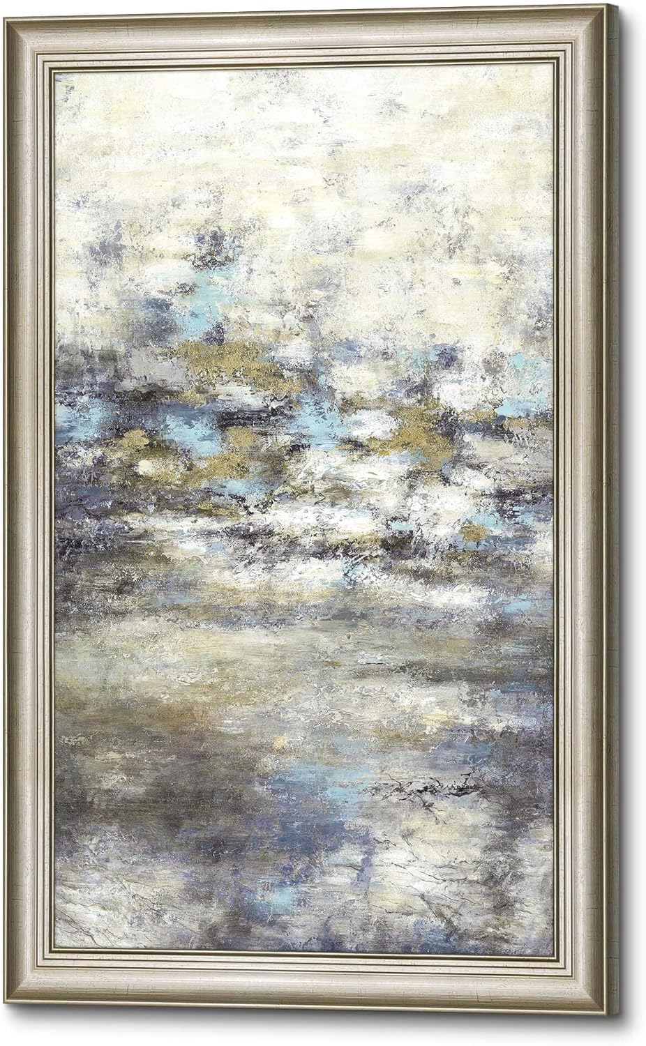 Paintings - Abstract Framed Canvas Wall Art: Large Grey Lake Textured Painting Modern Gold Foil Hand Painted Artwork Glitter Contemporary Vertical Prints Ready To Hang for Living Room Bedroom Office