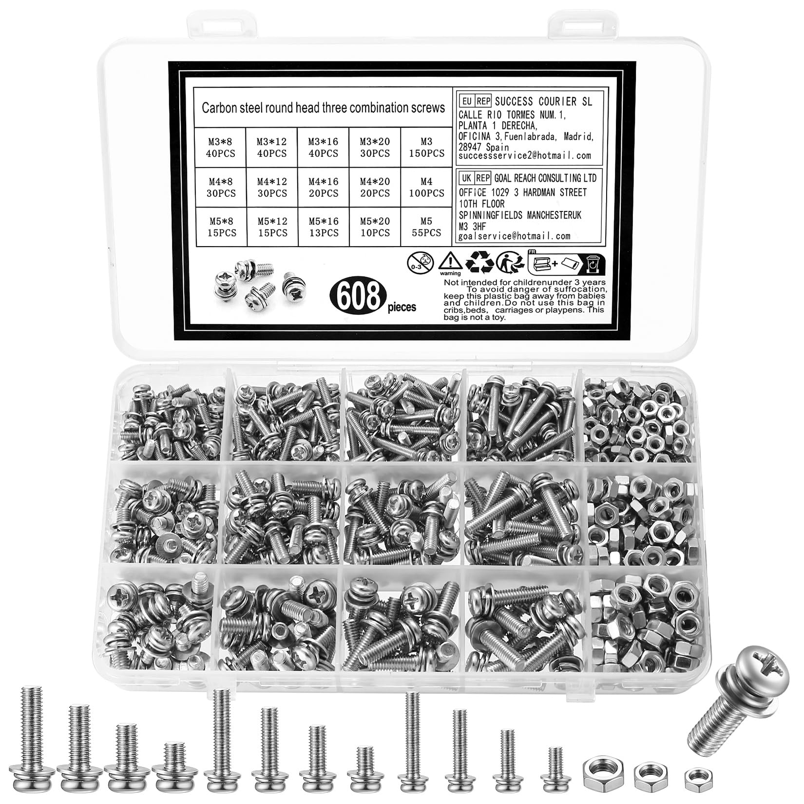 608 Pcs M3 M4 M5 Bolts and Nuts Set, Cross Pan Head Screws Bolts and Nuts and Washers Set, Nuts and Bolts Set, Round Head Machine Screws Assortment Kit, Thread Fastener for Commercial Industrial