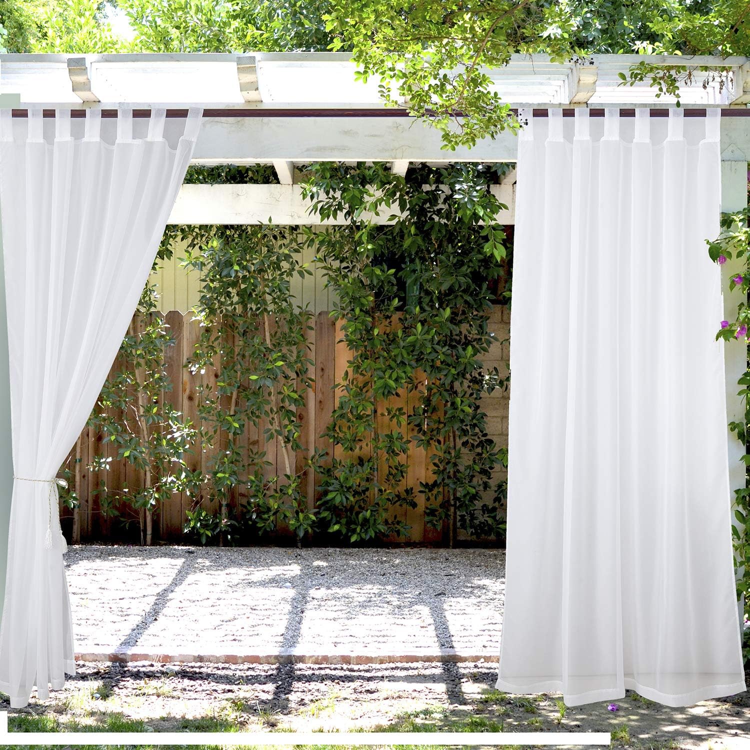 LIFONDER White Patio Sheer Curtains -2 Panels Tab Top Waterproof Light Filtering Voile Sheer Drapes for Balcony / Porch / Deck Decor with 2 Tiebacks, W54 by L108 Inches