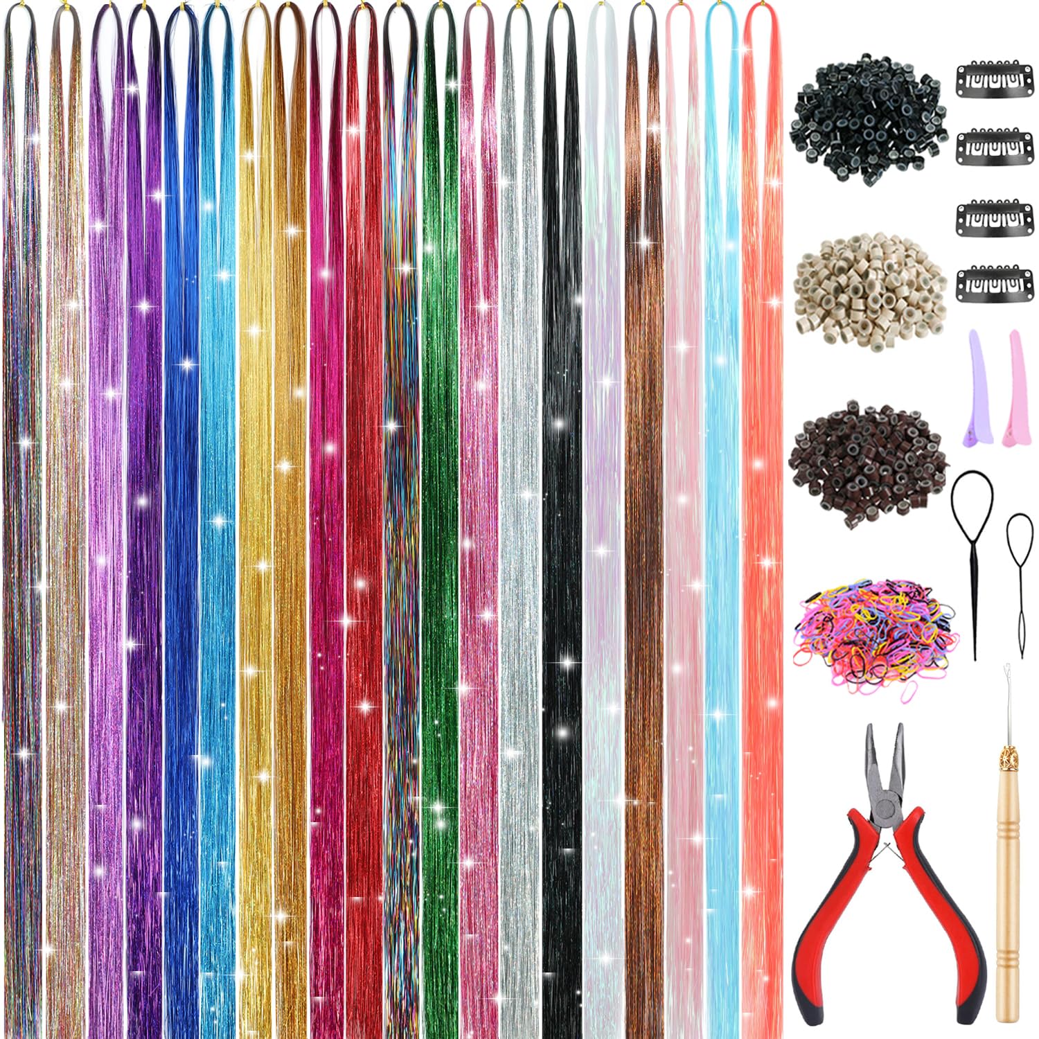 Photo 1 of Ainani 20 Colors Hair Tinsel Kit with Tools 48 Inch 4600 Strands Fairy Hair Tinsel Heat Resistant Glitter Tinsel Hair Extensions Hair Accessories Hair Tinsel Kit for Girls Women Kids (20 Colors)