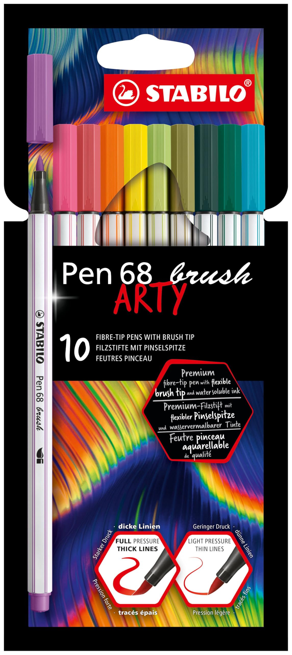 STABILO Pen 68 brush - Premium Fibre-Tip Pen with Brush Tip - ARTY - Pack of 10 - Assorted Colours
