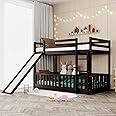 Bellemave Twin Over Twin Floor Bunk Bed with Slide and Ladder, Low Bunk Bed for Kids, Girls, Boys, Removable Fence, Bunk Bed with Slide, Espresso