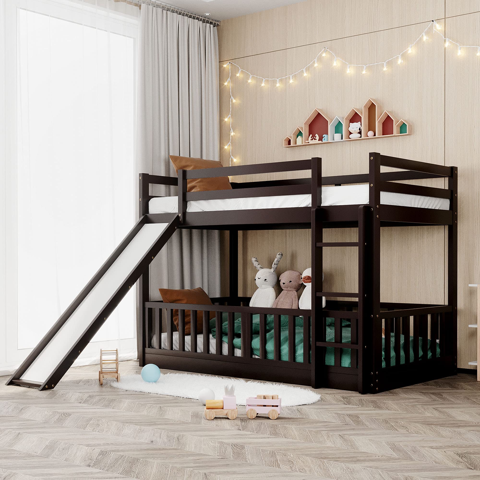 View 1 of ***BOX 1 OF 2 ONLY**PRICE ADJUSTED*Bellemave Twin Over Twin Floor Bunk Bed with Slide and Ladder, Low Bunk Bed for Kids, Girls, Boys, Removable Fence, Bunk Bed with Slide, Espresso