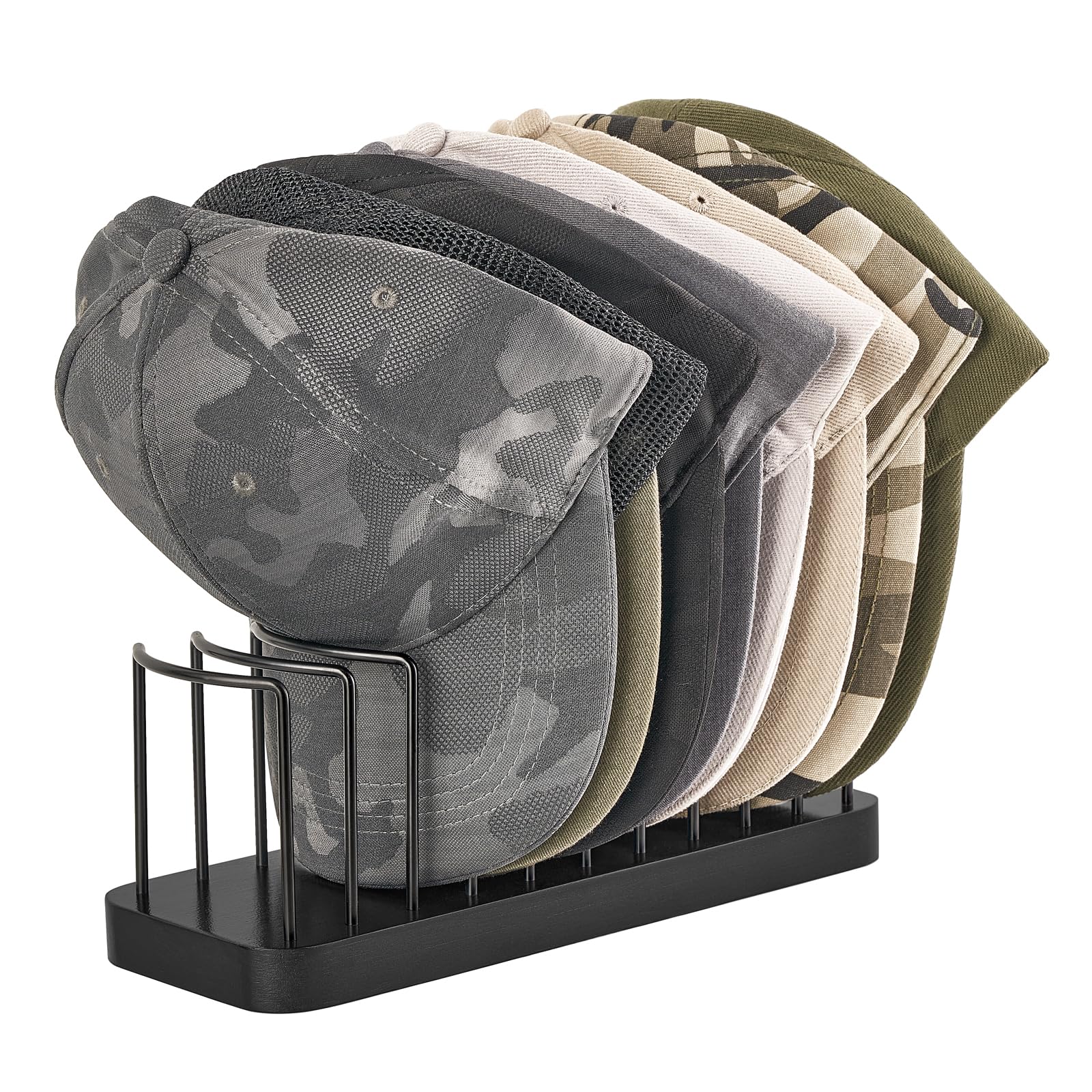 Photo 1 of Mkono Hat Organizer for Baseball Caps, Hat Holder for 10 Baseball Caps, Tabletop Hat Rack Stand Hat Storage Display Cap Organizer for Desk Closet Shelf Dresser (Black, Small)
