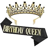 GAFATORY Black Gold Birthday Queen Crown and Sash for Women Birthday Crowns Decorations Tiara and Sash for Women Princess Tiara with Comb Princess Crown Girl Tiara Party for Girls