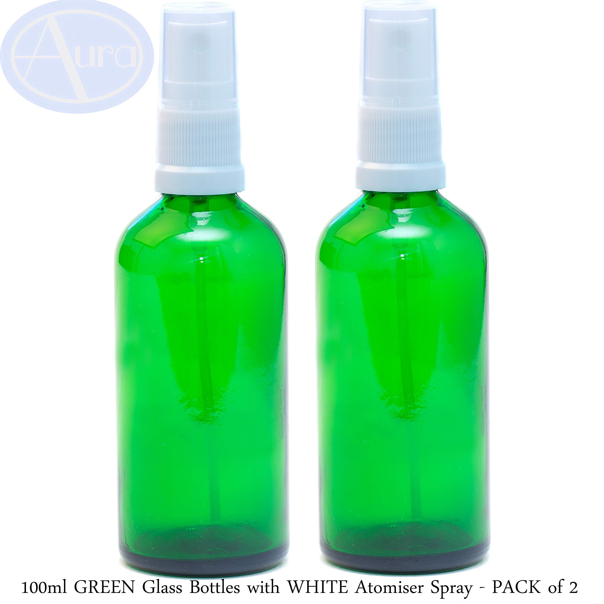 Aura 100ml GREEN Glass Bottles with White ATOMISER Sprays - PACK of 2