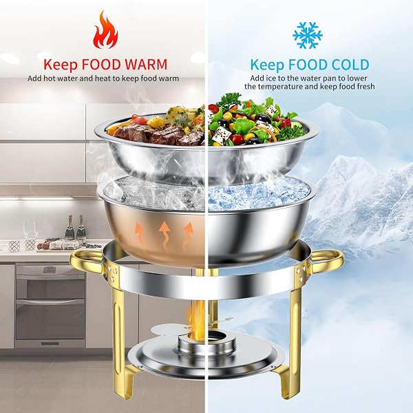 GGIU CHAFING DISHES FOR BUFFET SET: 100% PRE-INSTALLED CHAFERS FOR CATERING – ROUND CHAFING DISH BUFFET SET WITH LIDS | CHAFERS AND BUFFET WARMERS SETS | SERVING FOOD WARMER | CHAFERS SERVERS SETS