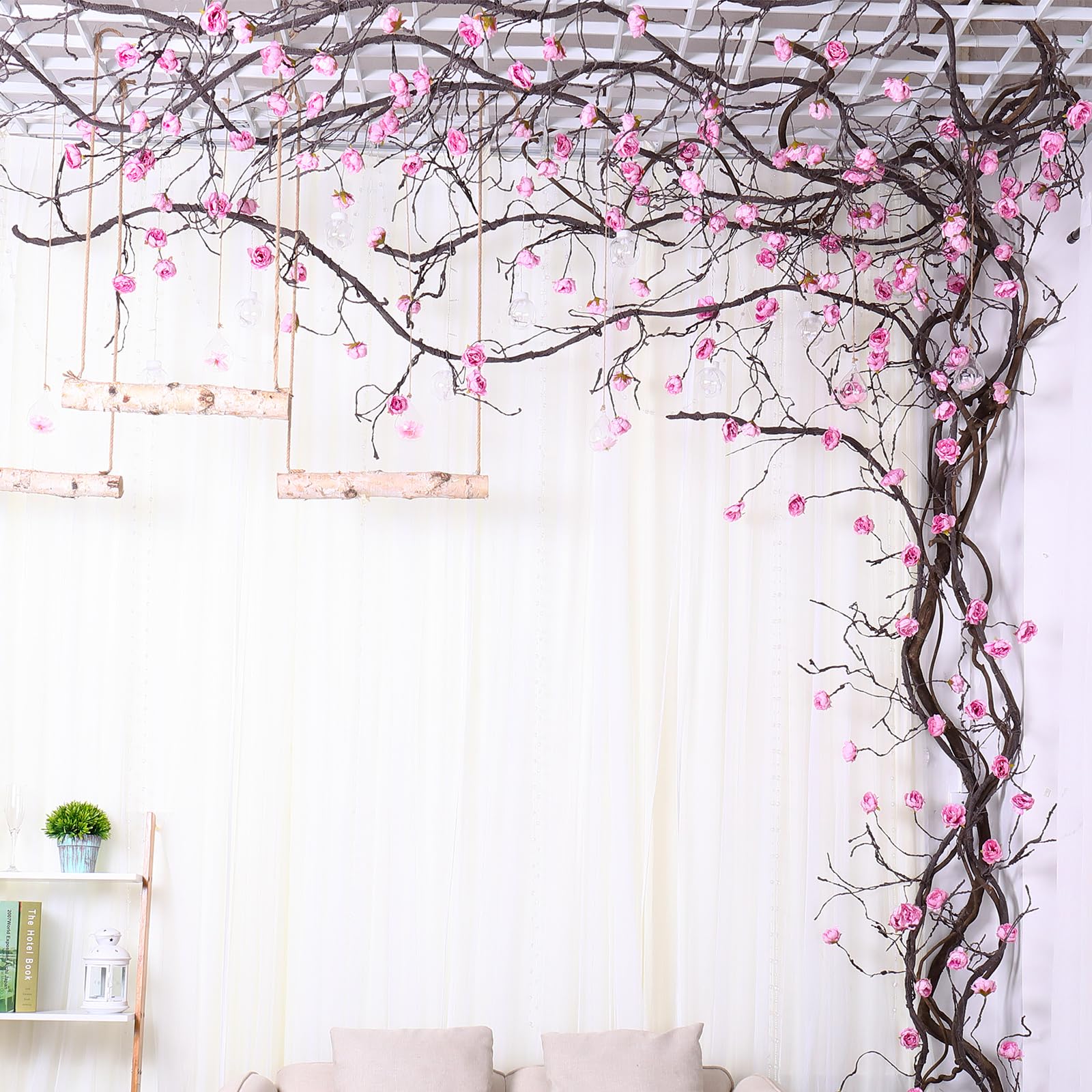 Photo 1 of 1PCS 300cm/118inch Large Flexible Artificial Tree Fall Vines Twine Wood Branches with Peony Flowers Garland Twig Reptile Climbing Fake Plants for Wedding Arch Christmas Wall Door Hanging Decoration
