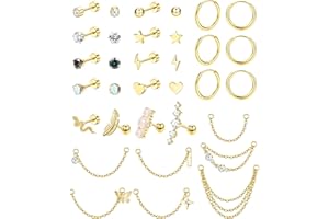 LOLIAS 20G Cartilage Earrings Set for Women Men Surgical Steel Helix Earrings Cute CZ Opal Star Heart Snake Small Hypoallergenic Flat Back Stud Earrings Hoop Chain Dangle Conch Daith Helix Tragus Cartilage Piercing Jewelry 33Pcs