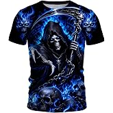Men's Gothic Skull Angel Dragon 3D Print Crewneck Tee S-4XL | Dark Fantasy Grim Reaper Graphic Shirts, Cool Gothic Novelty Tops, Halloween Birthday Gifts for Men Husband Dad