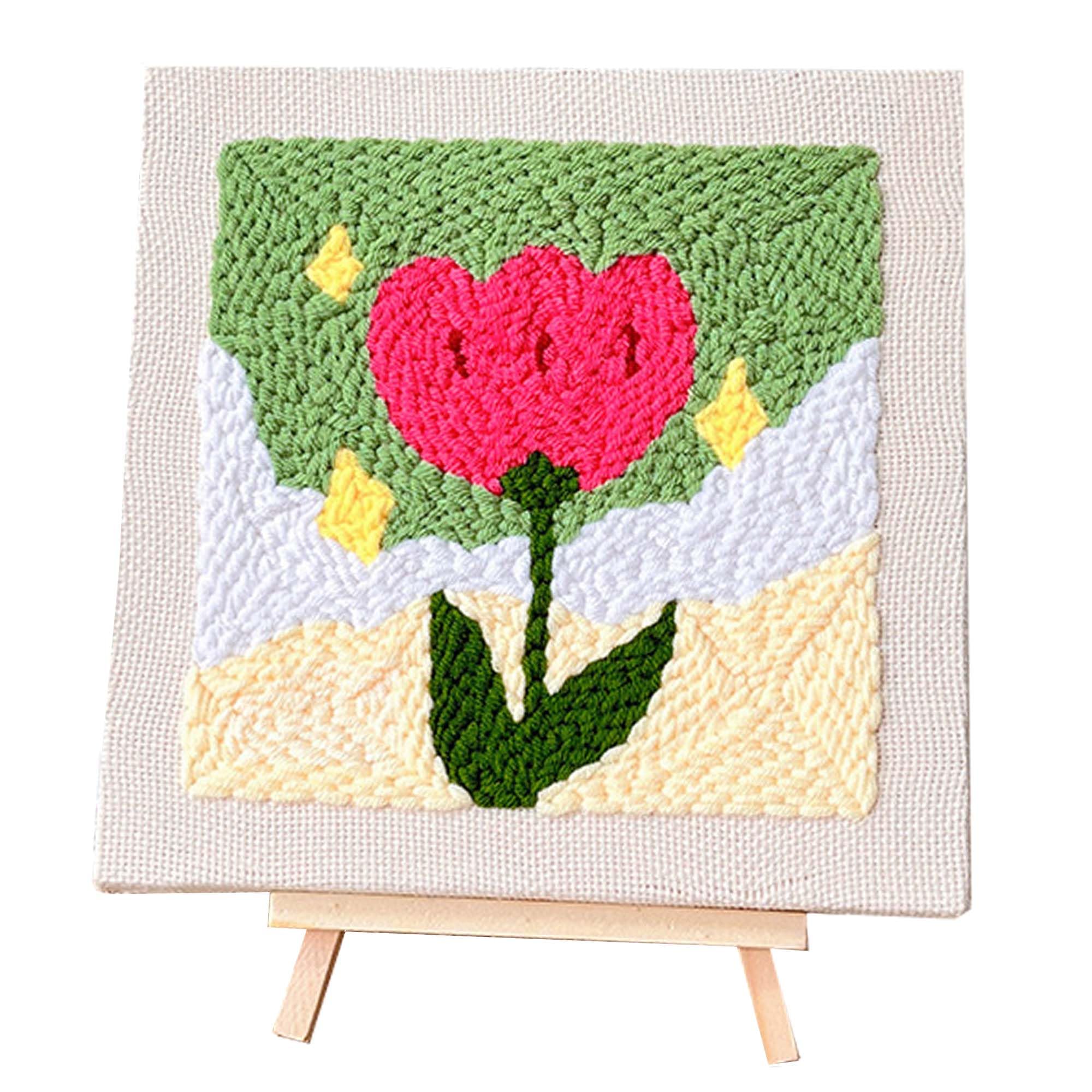 Allazone Punch Needle Starter Kit, Punch Needle Embroidery Kit Frame, Square Fabric with Flower Pattern(Green and Pink Tulip)